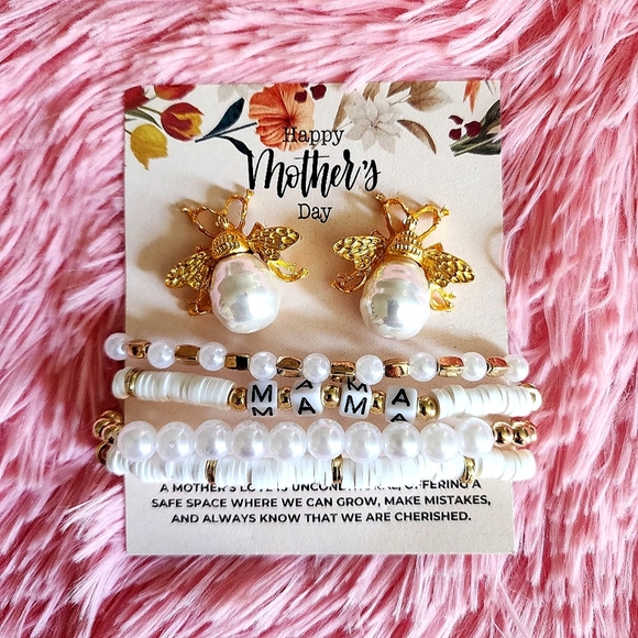 Jewelry - Bee Earring Studs with Layered Beaded Bracelet